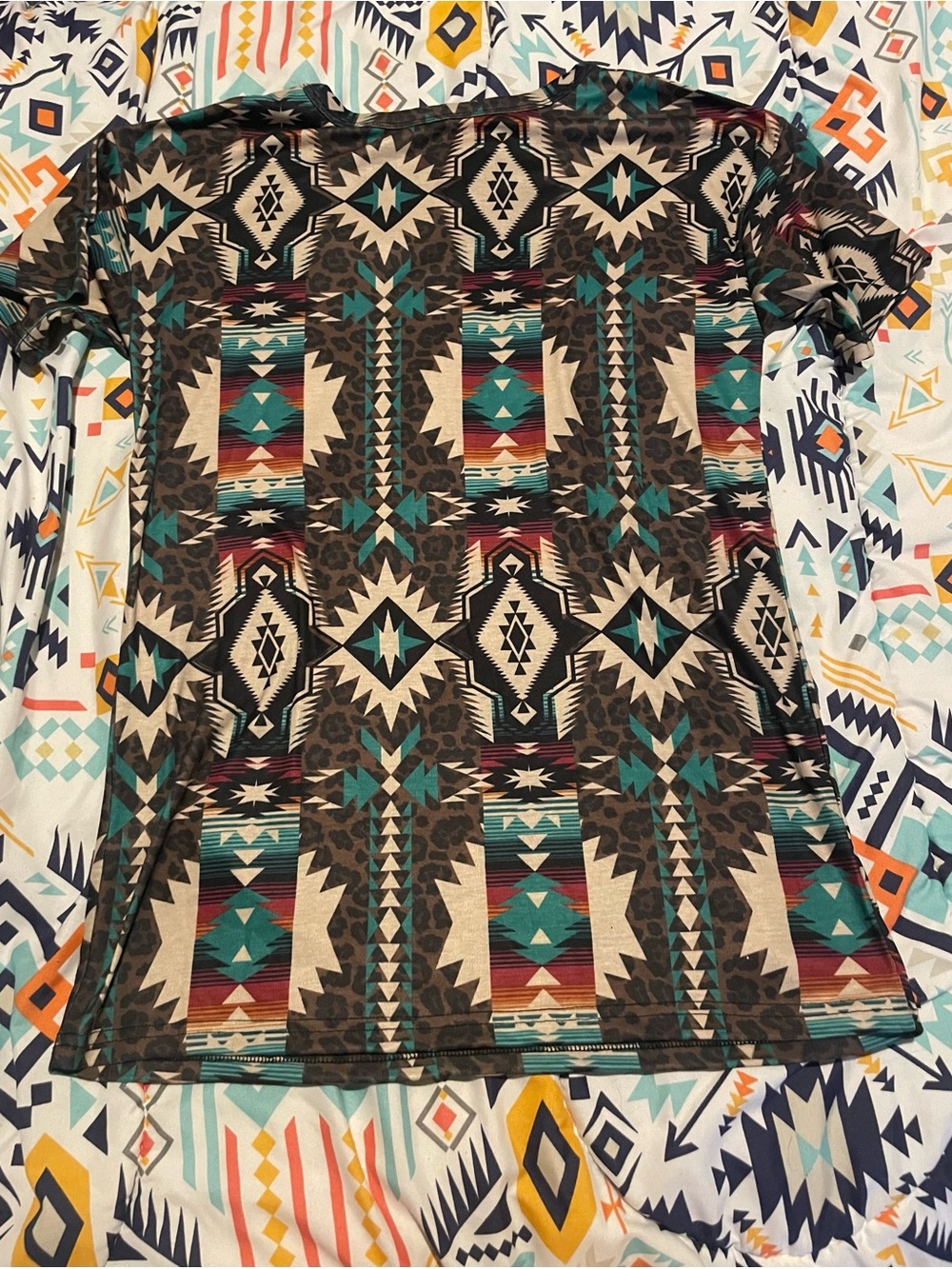 Crazy Train Teal, Brown & Cream Aztec Short Sleeve Tee